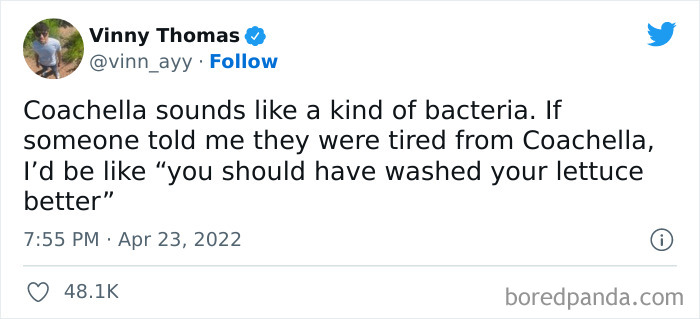 Funny meme comparing Coachella to bacteria with a joke about washing lettuce.