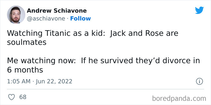 Humorous meme about Titanic characters with a playful twist on their relationship as seen on a popular Instagram page.