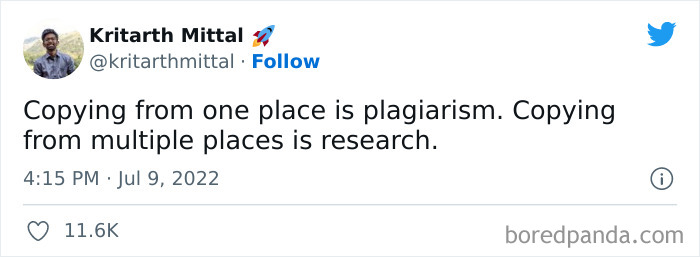 Tweet by Kritarth Mittal humorously highlighting plagiarism and research, featured in funny science jokes and memes collection.