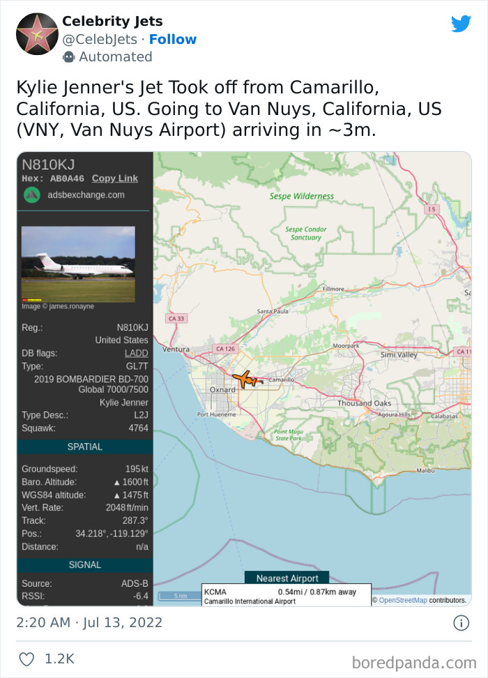 Celebrity jet tracker showing Kylie Jenner's flight from Camarillo to Van Nuys, highlighting celebrity wealth flaunting.