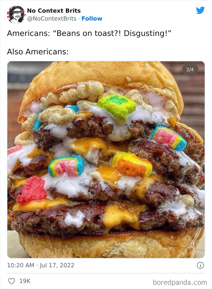 Close-up of a cheeseburger with colorful marshmallows and cereal topping, an example of food with threatening auras.