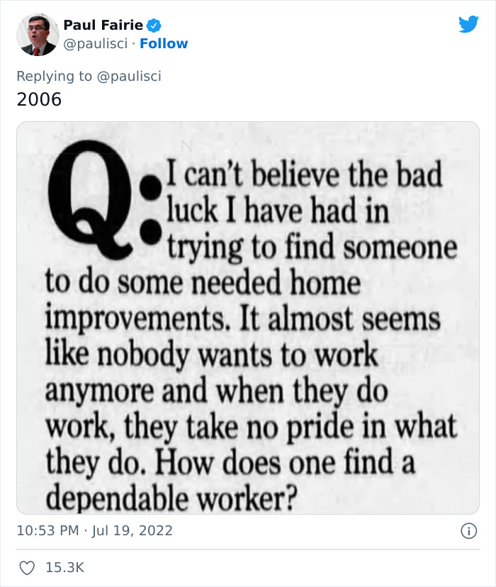 Tweet with newspaper snippet about "nobody wants to work" sentiment from 2006, shared by user on social media.