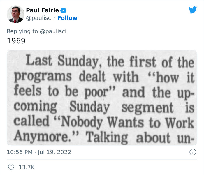 Tweet with newspaper snippet from 1969 stating "Nobody Wants to Work Anymore," shared by user @paulisci.