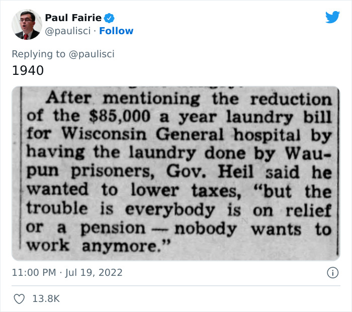 Tweet with 1940 newspaper snippet on "nobody wants to work" sentiment, highlighting labor issues in Wisconsin hospitals.