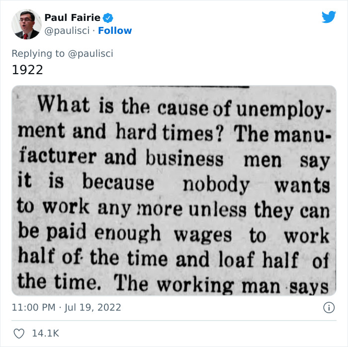 Newspaper snippet from 1922 on Twitter about unemployment, mentioning "nobody wants to work anymore" as the cause.