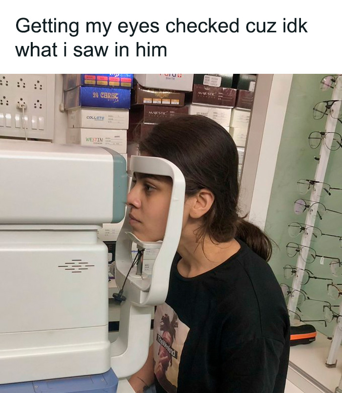 Woman getting an eye exam with a humorous caption on relationship choices, from Sarcasm Only memes.