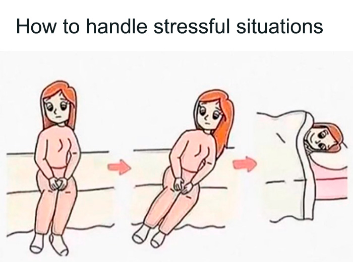A humorous meme showing a sequence of a woman dealing with stress by lying in bed.