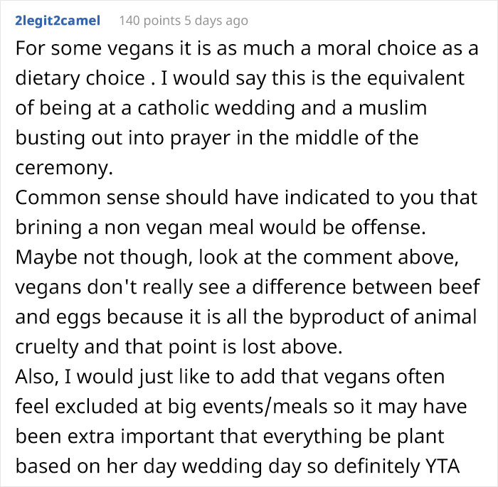 Woman Brings Her Own Food To A Vegan Wedding Because The Couple Didn't Want To Cater To Her Specific Diet, Drama Ensues - 22
