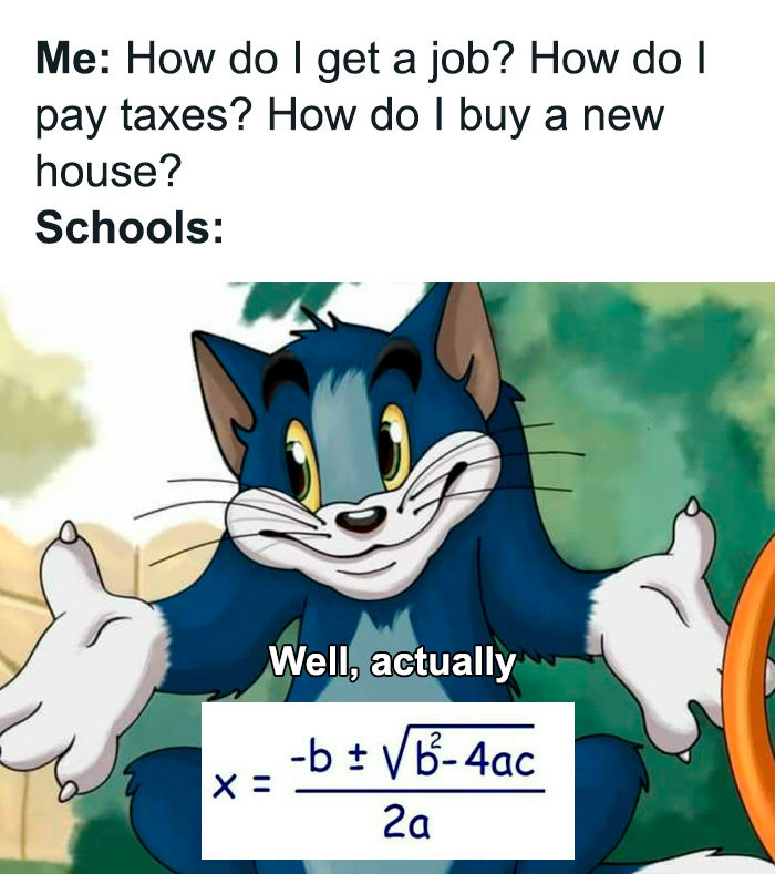 Cartoon character jokingly answers life questions with a math equation, highlighting hilariously relatable memes.