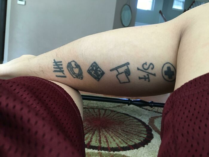 Tattoo symbols on a person's leg, viewed as a red flag according to some perspectives.