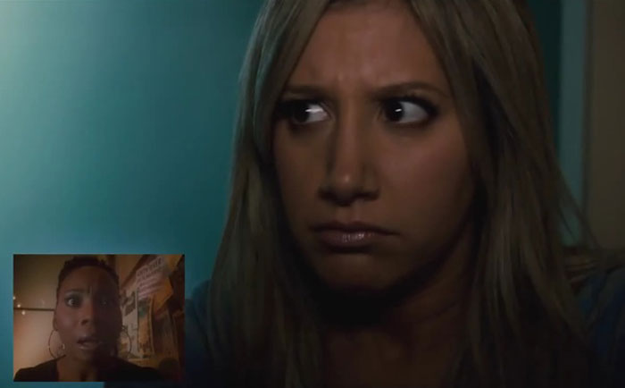 Close-up of two women looking concerned in a dark scene from a movie people couldn’t finish watching due to bad quality.