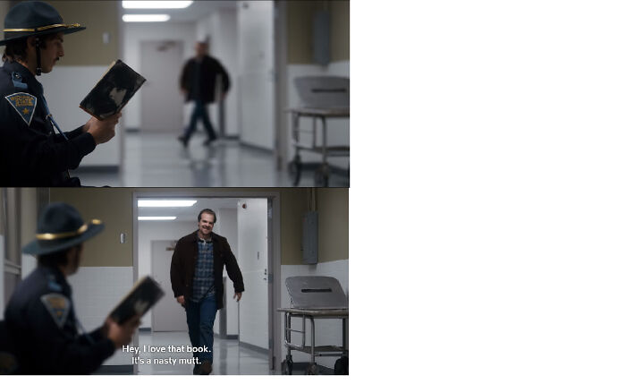 In S1 E4 Of Stranger Things The Cop That Hopper Knocks Out Is Reading Cujo A Stephen King Novel About An Evil Dog. This Foreshadows One Of The Main Plot Points Of Season 2