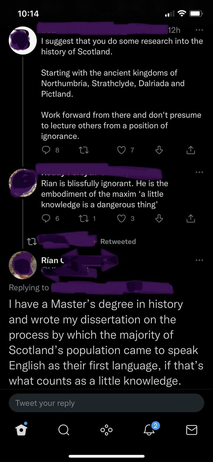 On A Thread Of People Arguing That Scots Isn’t A Language. Apologies For The Scrappy Censoring.