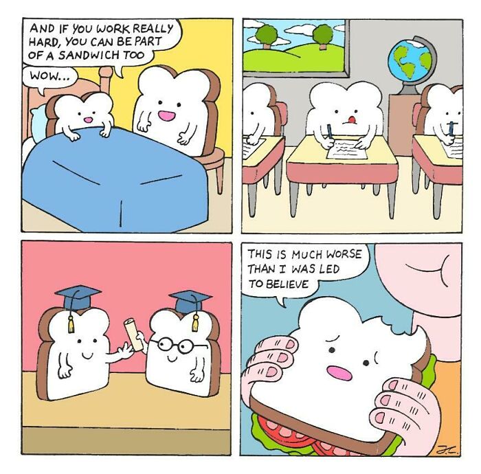 Cartoon bread characters in funny anti-work comic illustrating relating to work and life struggles shared online.