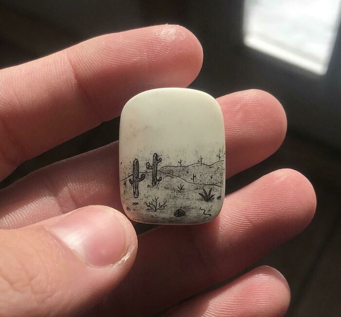 My Attempt At A Desert Landscape Scrimshaw On Bone