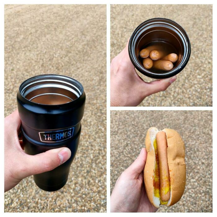 Hoy hice esto. Puse agua hirviendo en un termo para cocinar/mantener calientes las salchichas hasta la hora del almuerzo. Funcionó mucho mejor de lo que esperaba. Un picnic con perros calientes