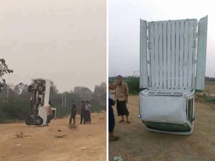 Two photos showing examples of bad drivers with vehicles flipped and standing on end in a rural area.