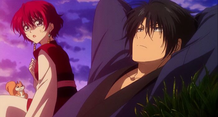 Anime couple relaxing under a colorful sky, featuring a squirrel companion.