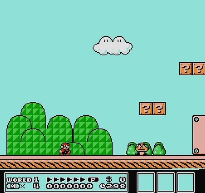 Retro video game scene featuring a classic character in a platform world with clouds and question blocks.