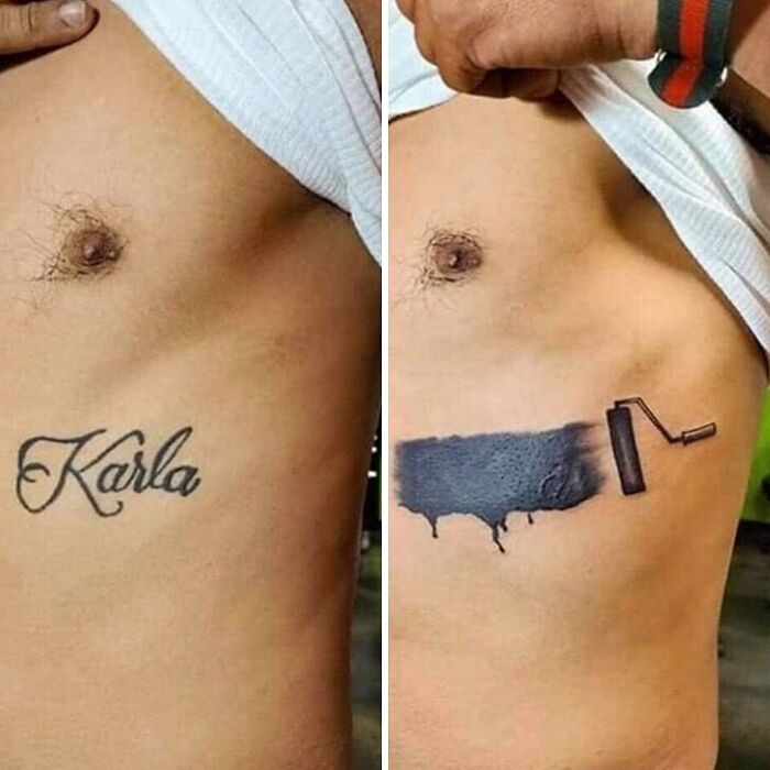 Rib tattoo transformation with a paint roller design covering previous lettering; an example of crazy tattoos.