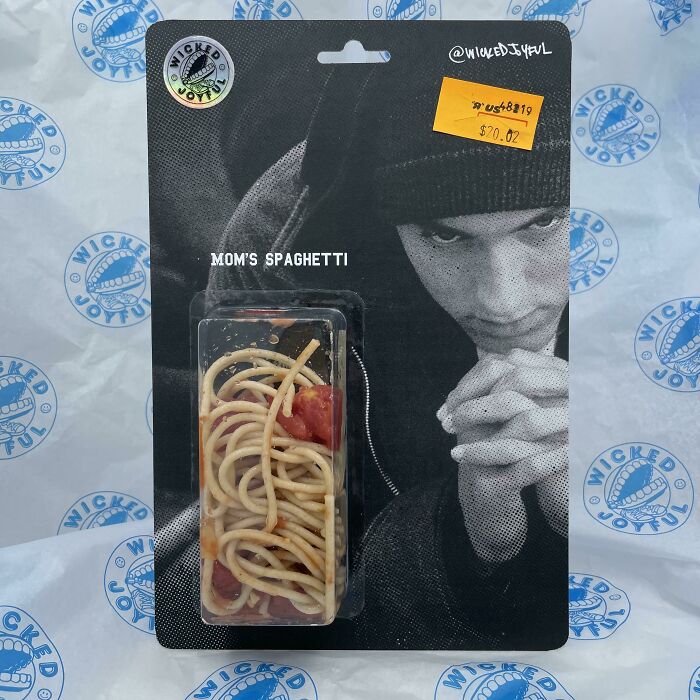 Packaged spaghetti labeled "Mom's Spaghetti" with a serious black-and-white photo, tagged as food with threatening aura.