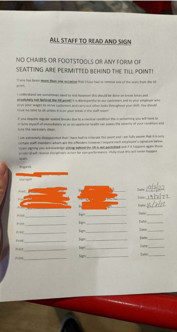 Manager Instigating New “No Sitting” Policy - Work In Retail In UK, Nothing In Employee Handbook Or Contract To Say We Can’t Sit When There Is No Work To Be Done. Thoughts?