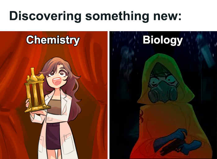 Cartoon showing funny science jokes with chemistry as a happy scientist and biology as a dark, mysterious figure.
