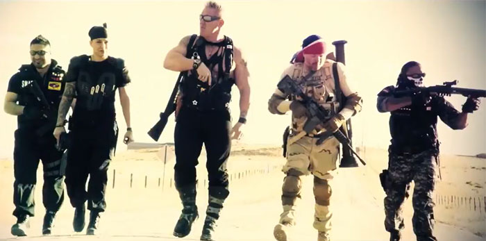 Group of armed men in tactical gear walking in desert, symbolizing movies people couldn’t finish because they were so bad.