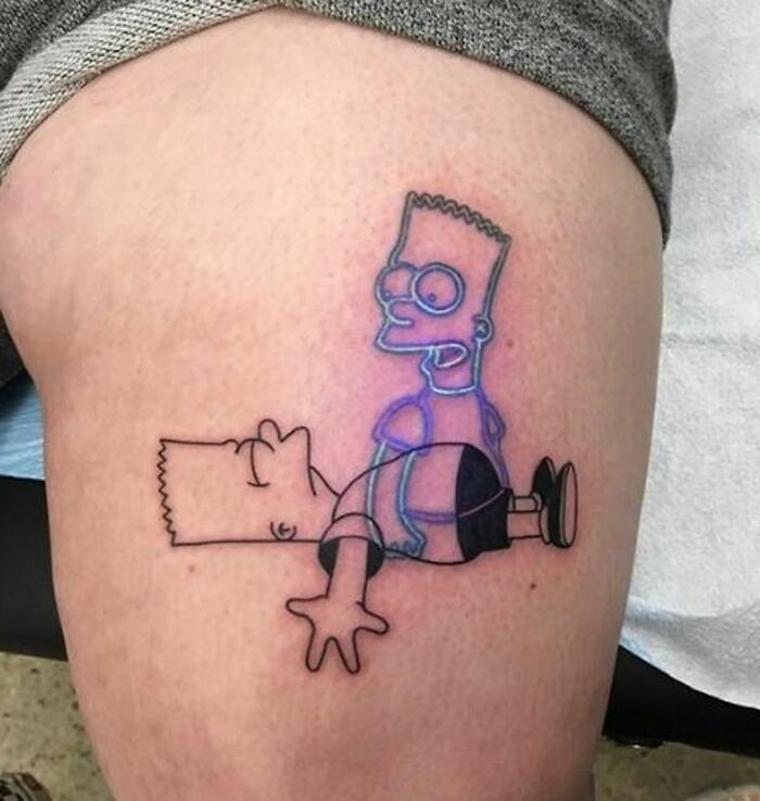 Unique tattoo of animated character outlines on skin, showcasing creative body art decisions.