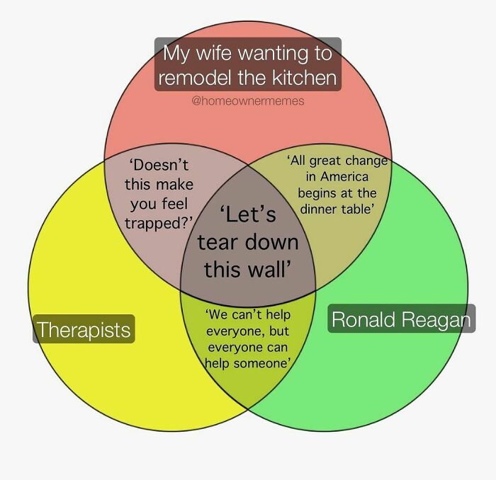 Venn diagram meme about owning a home, featuring quotes about remodeling and overlapping themes from therapists and Ronald Reagan.