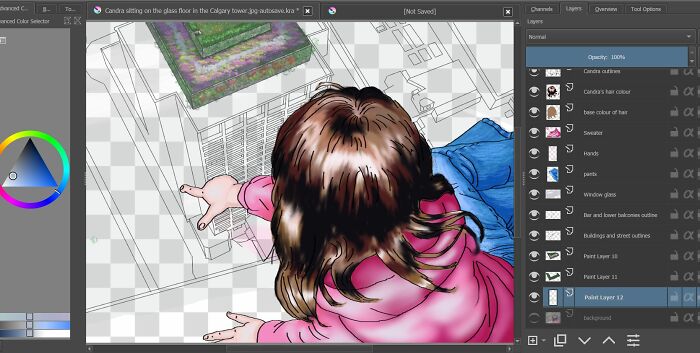 A Digital Art Piece Of My Daughter On The Glass Floor Of The Calgary Tower. The Streets And Buildings In The Original Photo Are Kinda Drab And Gray. So I'm Going To Incorporate My Own Details.