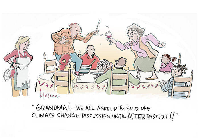 One-panel cartoon by a non-profit showing a family arguing about climate change during dinner.