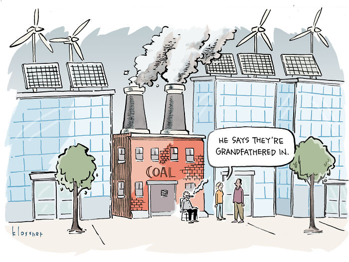 One-panel cartoon showing a coal plant with smoke, wind turbines, and solar panels addressing climate change issues.