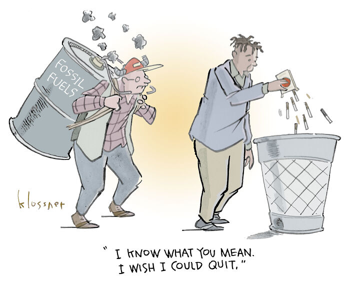 Cartoon showing the burden of fossil fuels and a man trying to quit smoking, illustrating climate change impact.