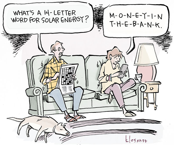 Cartoon showing a couple on a couch discussing solar energy with a dog lying nearby, addressing climate change topics.