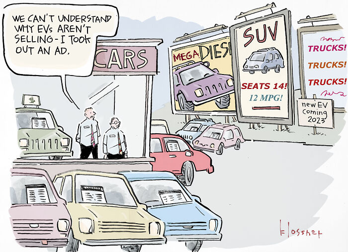 One-panel cartoon depicting a car dealership with ads promoting gas-guzzling vehicles, addressing climate change issues.