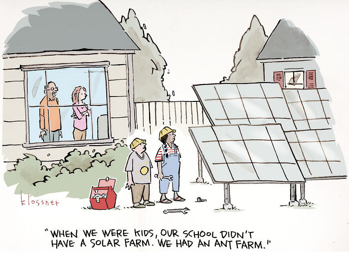 Two workers installing solar panels outside a house in a one-panel cartoon about climate change awareness.
