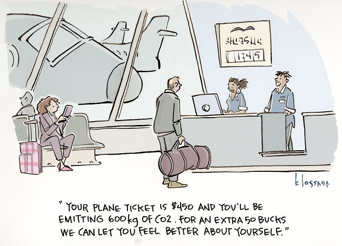 Airport cartoon showing traveler told about $450 ticket costing 600kg CO2 emissions and paying extra to feel better, climate change comic.