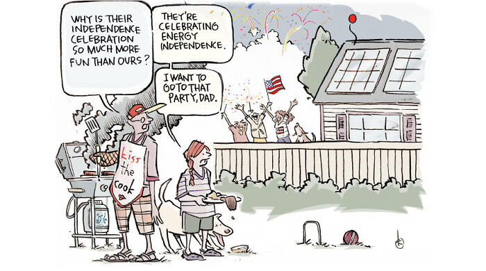 One-panel cartoon by a non-profit illustrating climate change and energy independence with a family and fireworks display.
