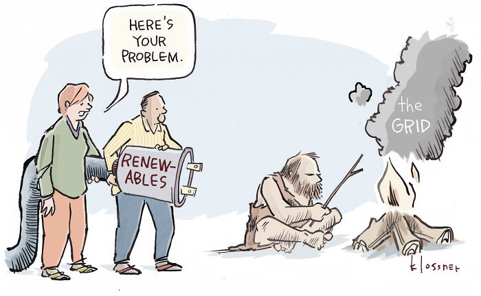 One-panel cartoon illustrating climate change and the challenges of renewable energy integration with the grid.