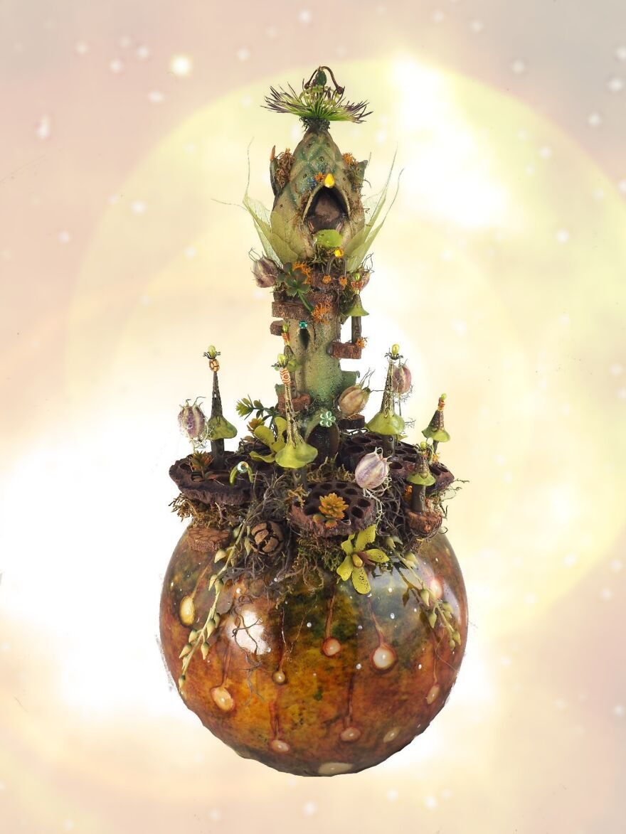 Another White Old Bathroom Globe Painted With Alcohol Ink. I Wanted A Forest Feeling, The Are Lotus Pods En Skeleton Leaves Also On It