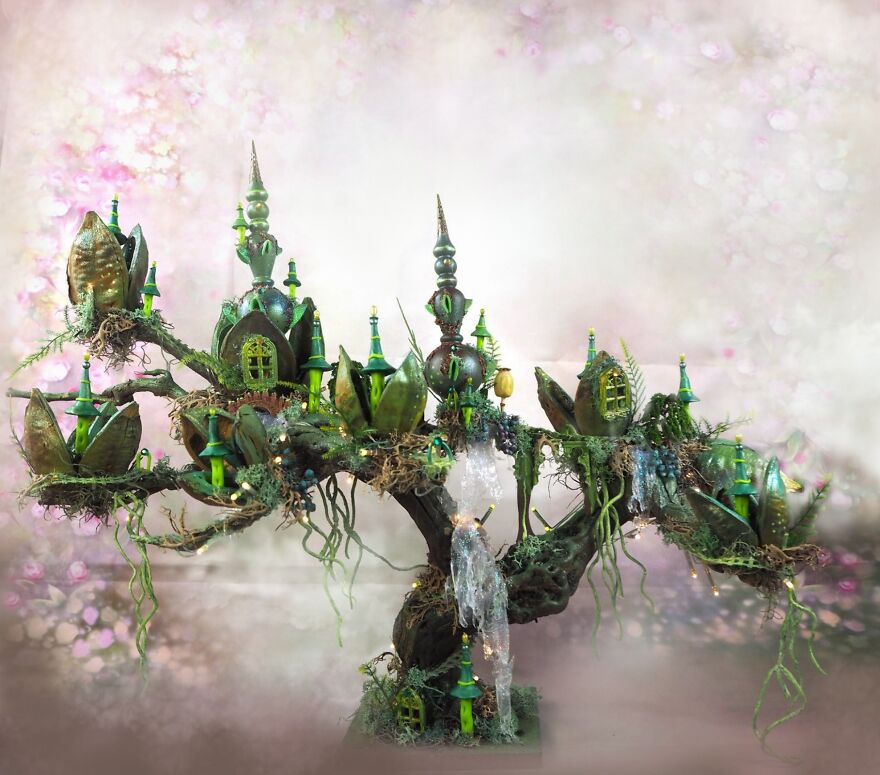 Fairy City (Lamp) Made From A Branch, Pods, And Old Christmas Decorations. This One Has Lots Of Waterfalls