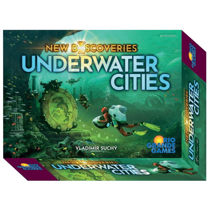 Underwater Cities strategy board game box showing a diver exploring underwater ruins in a detailed ocean scene.