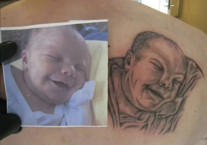 Tattoo of a smiling baby next to its reference photo, highlighting potential red flags in tattoo choices.