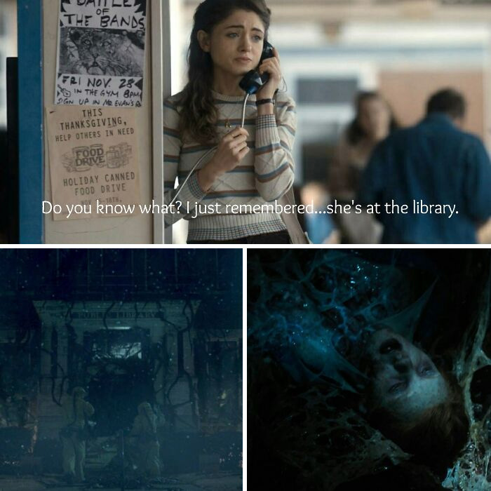 In Episode 3, After The Party, Nancy Calls Barb's Mom To Ask If Barb Made It Home Last Night, And Then Lies About Her Being At The Library. In Episode 8, Hopper And Joyce Enter The Upside Down And Find Barb's Corpse In The Public Library