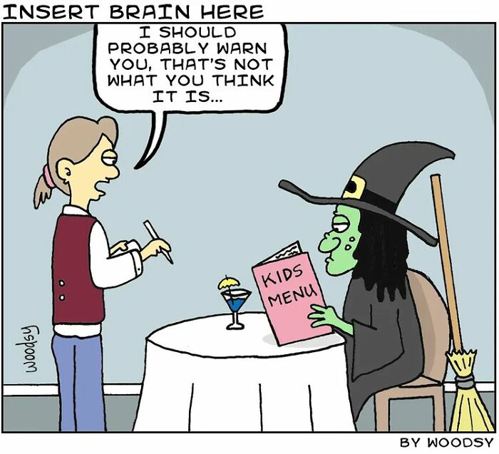 Witch reading kids menu at restaurant while server warns about an absurd silly humor comic scene.
