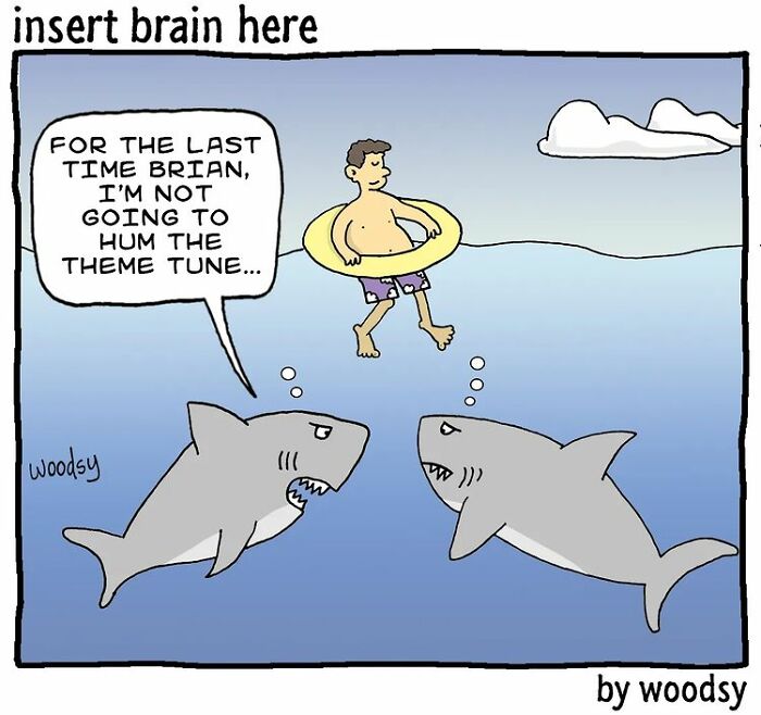 Comic of two sharks and a swimmer with an inner dialogue, showcasing absurd situations and silly humor in a beach setting.