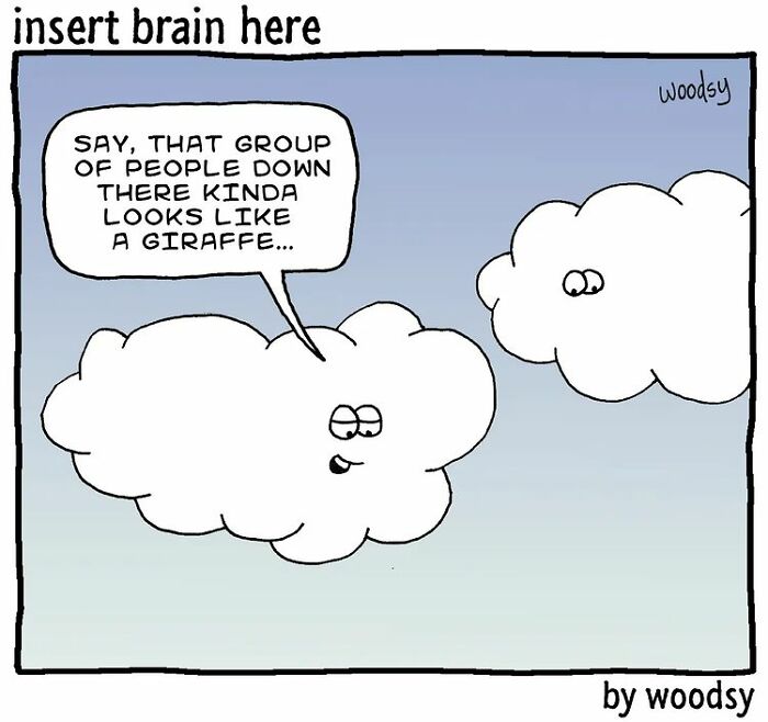 Two cartoon clouds with faces, one humorously comparing people below to a giraffe in absurd comic style.