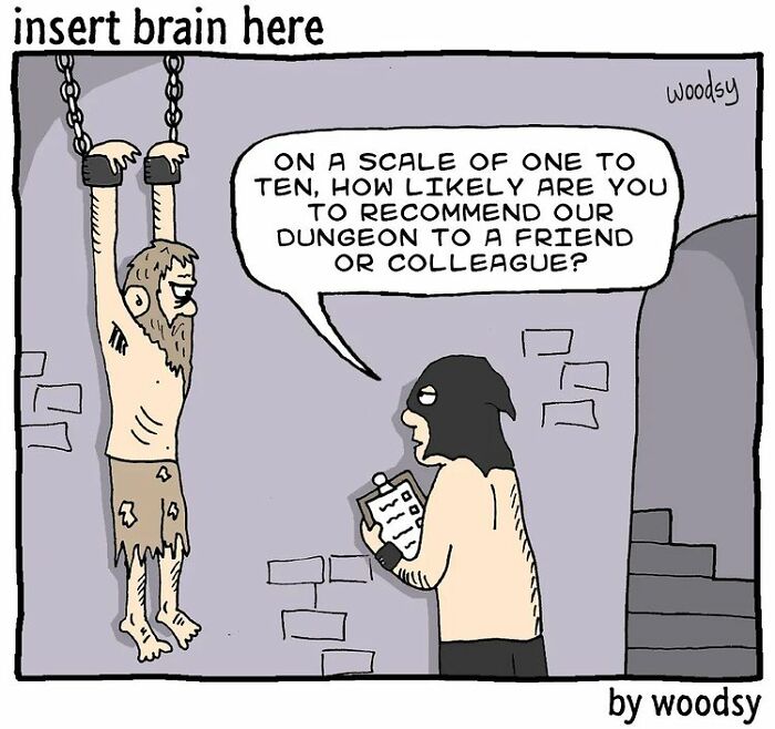 Prisoner hanging in dungeon while guard humorously asks how likely they are to recommend the dungeon in absurd situations comic.
