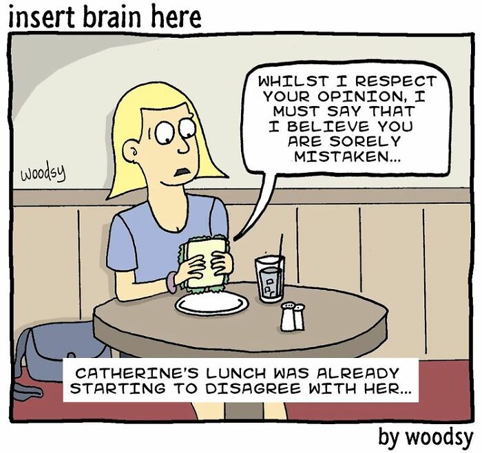 Woman holding sandwich at table with caption about absurd situations and silly humor in comic style.